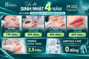 Hình ảnh giới thiệu dịch vụ trẻ hóa da và các mức giá ưu đãi trong chương trình sinh nhật BB KOREA Đồng Xoài năm 2026.